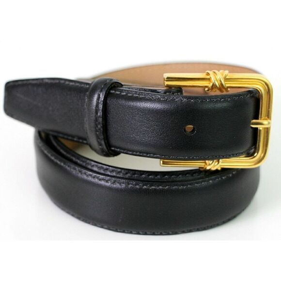 AUTH TIFFANY 1992 SOLID 18K 750 22g GOLD BUCKLE BLACK LEATHER SKINNY BELT 28 USA - Picture 5 of 12